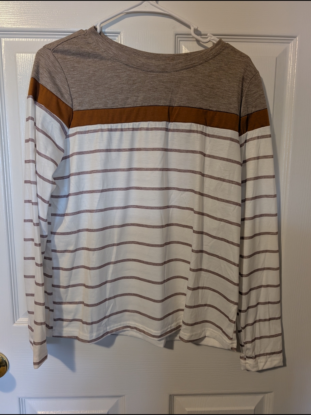 Striped Long Sleeve Top in White and Taupe with Rust Accent